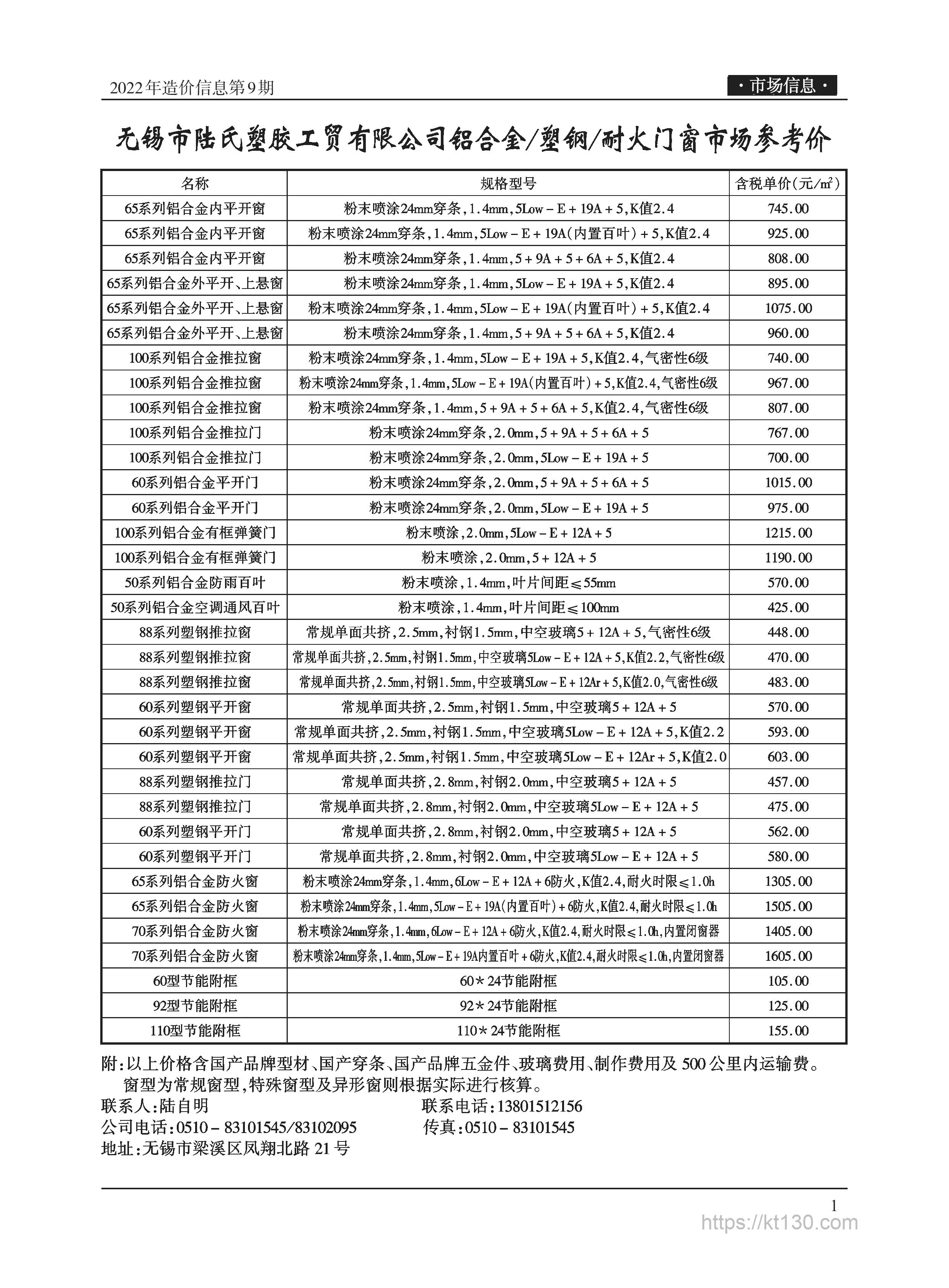 江苏省无锡市2022年9月份装饰板材价目表
